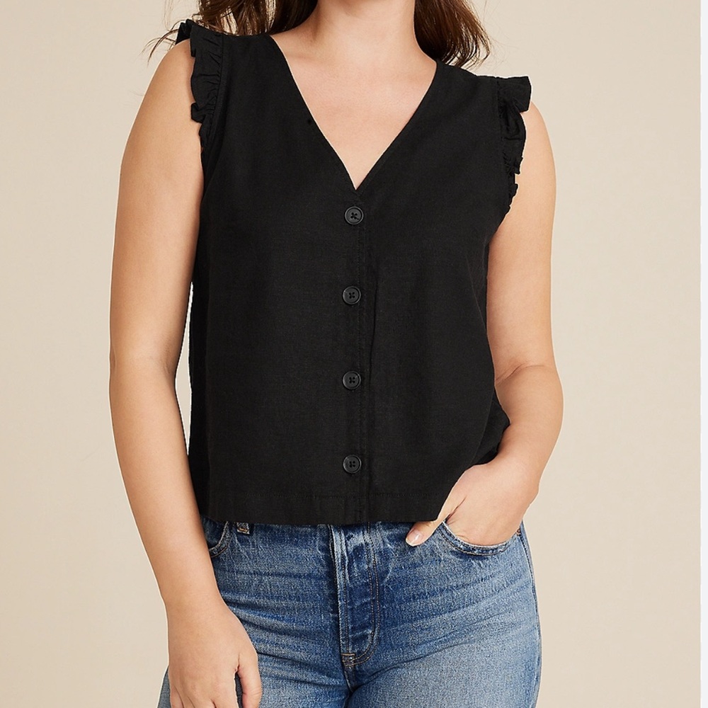 Madewell Linen Black Button-Front Ruffle Tank Blouse